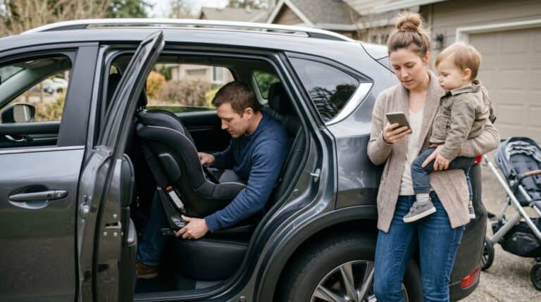 Familia comprobando una silla de coche para bebé antes del Black Friday
